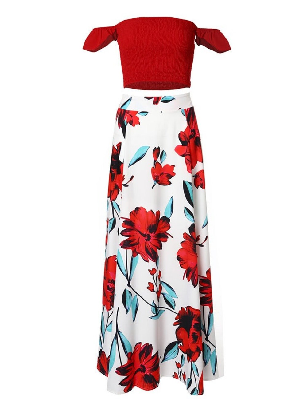 Floral A-Line Maxi Skirt in White with Red Bloom